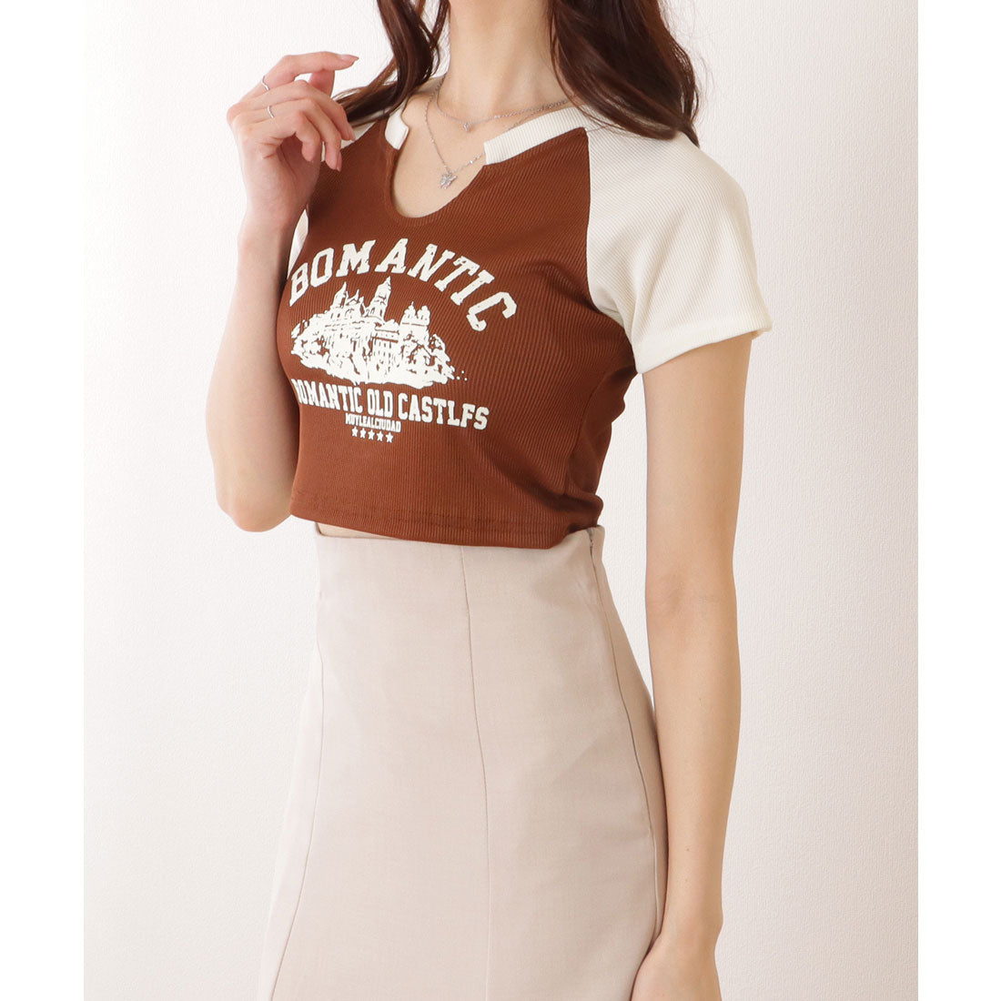 レースレディース Lace Ladies キーネック コンパクト 半袖 プリント トップス （ブラウン） ブラウン