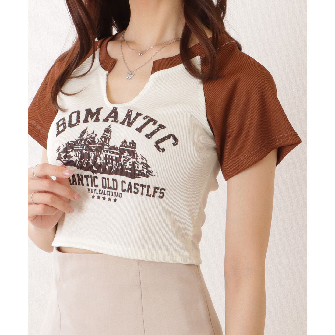 レースレディース Lace Ladies キーネック コンパクト 半袖 プリント トップス （アイボリー） アイボリー