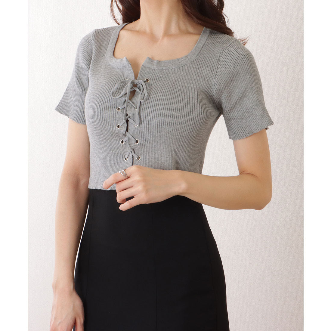 レースレディース Lace Ladies フロント レースアップ コンパクト 半袖 トップス （グレー） グレー