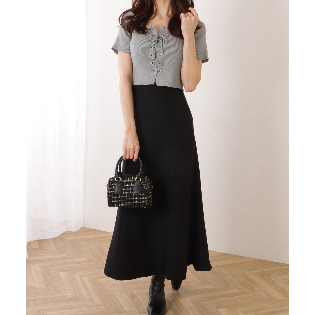 レースレディース Lace Ladies フロント レースアップ コンパクト 半袖 トップス （グレー） グレー