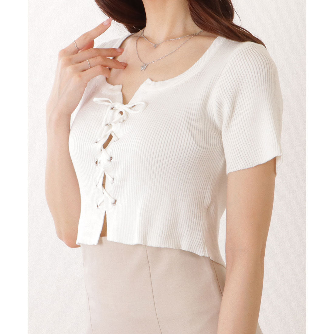 レースレディース Lace Ladies フロント レースアップ コンパクト 半袖 トップス （ホワイト） ホワイト