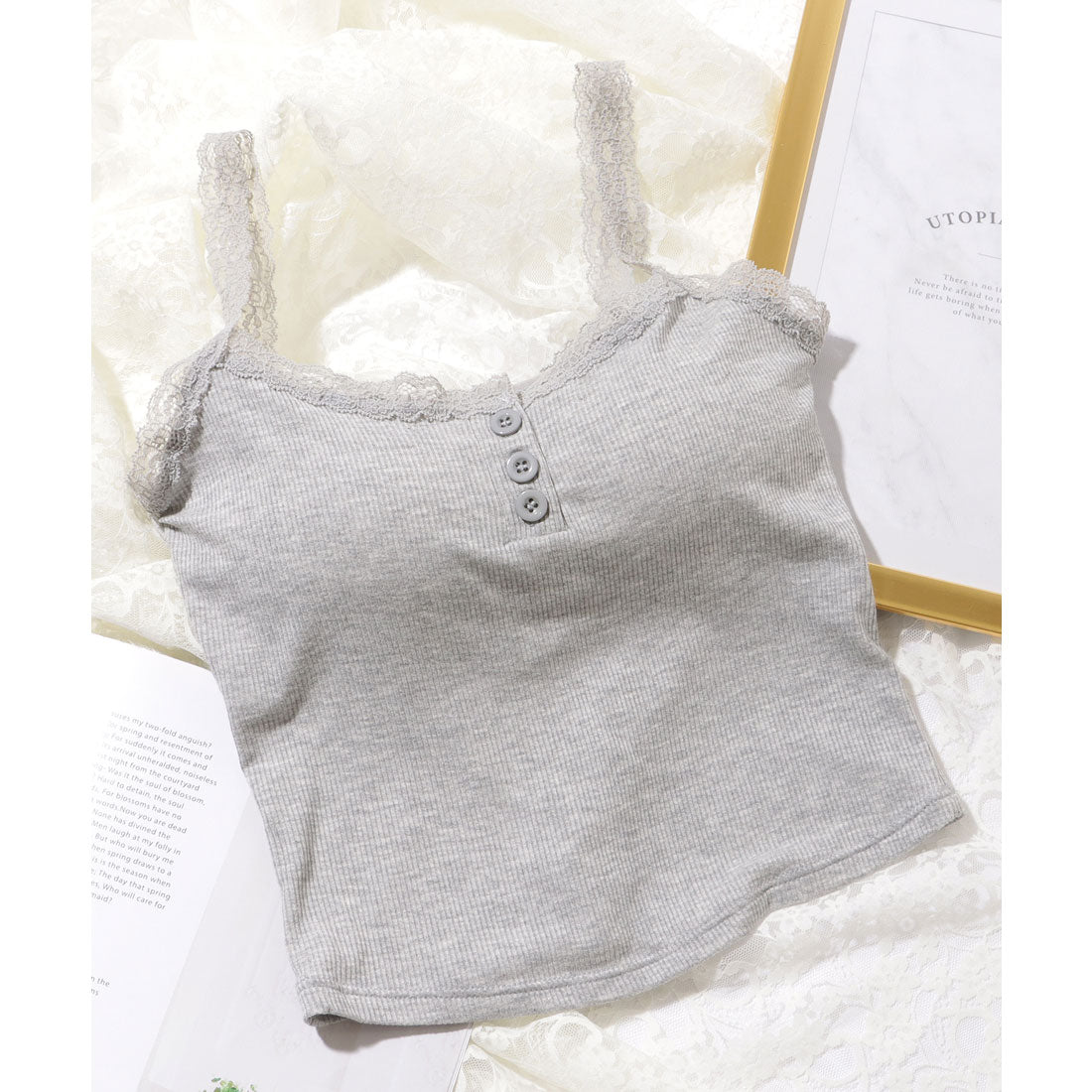 レースレディース Lace Ladies ヘンリーネック レーシィ クロップド カップ付き タンクトップ （グレー） グレー