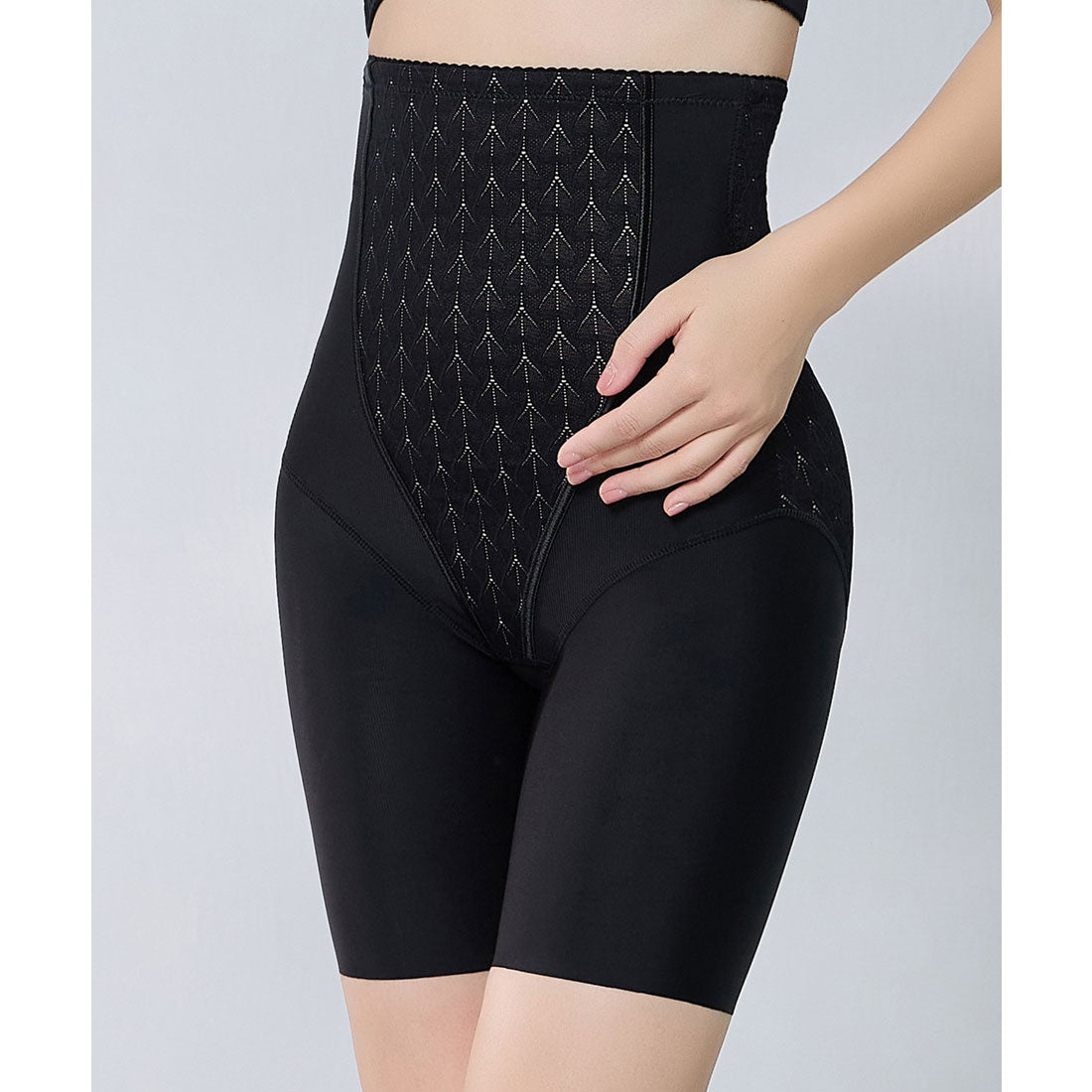 レースレディース Lace Ladies リーフ柄 ジャガード ハイウエスト 3分丈 シェイプアップ パンツ【返品不可商品】 （ブラック） ブラック