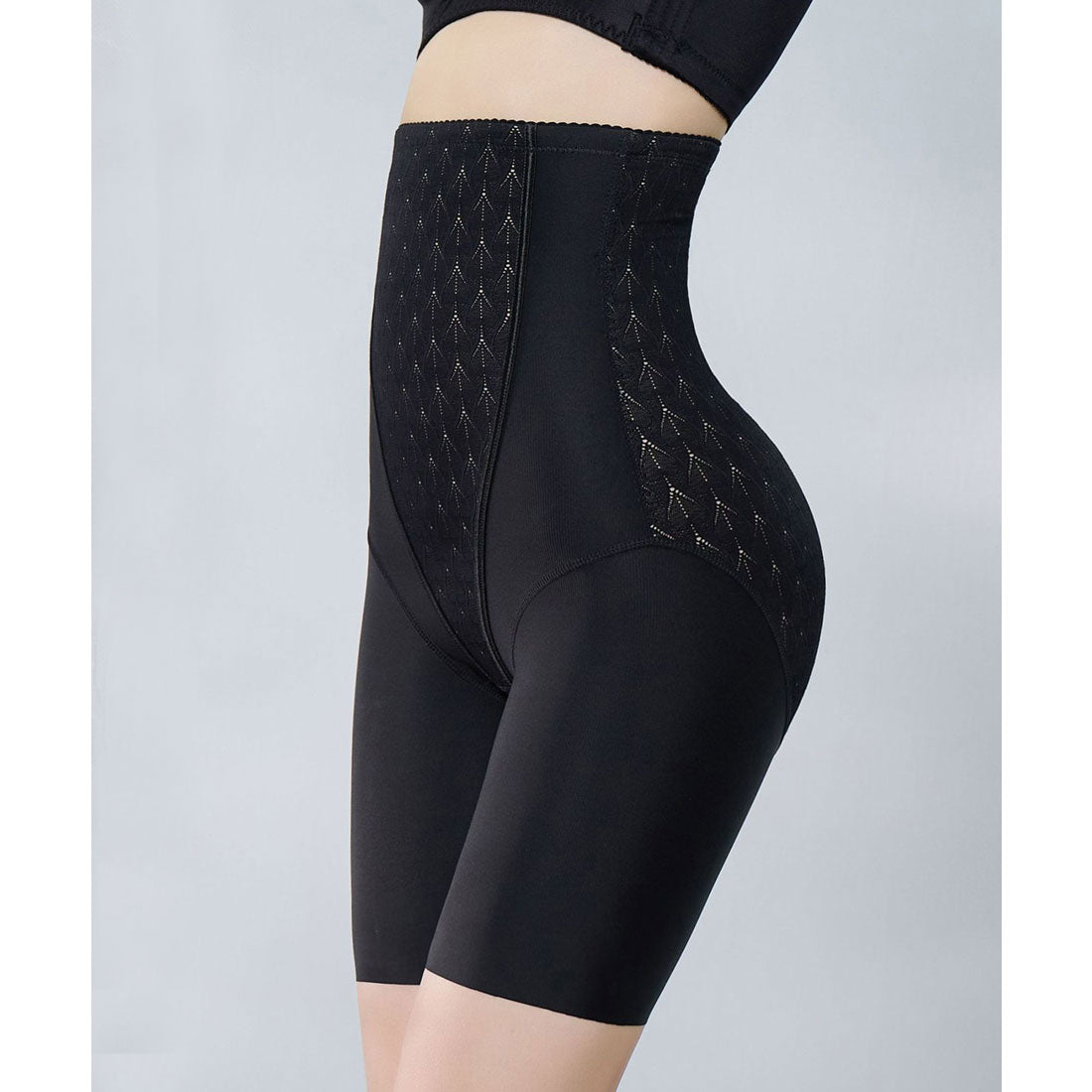 レースレディース Lace Ladies リーフ柄 ジャガード ハイウエスト 3分丈 シェイプアップ パンツ【返品不可商品】 （ブラック） ブラック