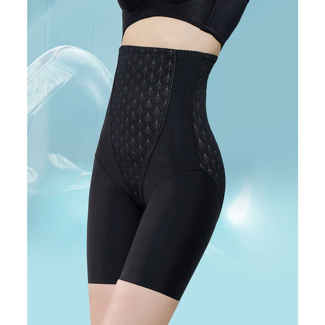 レースレディース Lace Ladies リーフ柄 ジャガード ハイウエスト 3分丈 シェイプアップ パンツ【返品不可商品】 （ブラック） ブラック