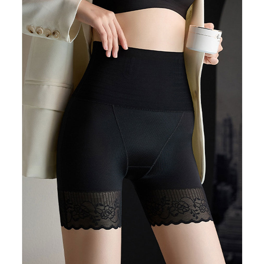 レースレディース Lace Ladies フラワー レース 3分丈 ハイウエスト ガードル【返品不可商品】 （ブラック） ブラック