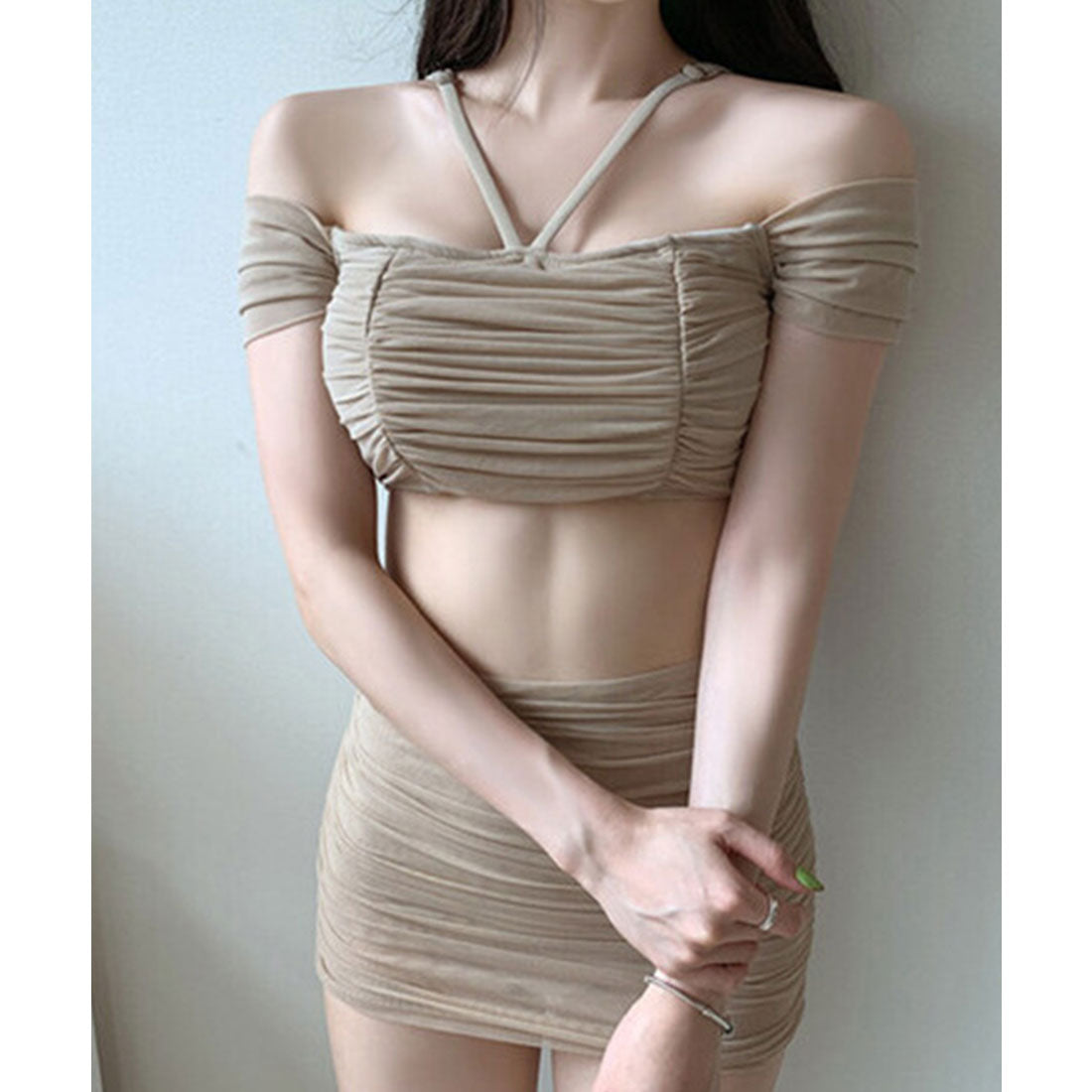 レースレディース Lace Ladies オフショルダー シャーリング ハイウエスト レイヤード スイムウエア【返品不可商品】 （ベージュ） ベージュ