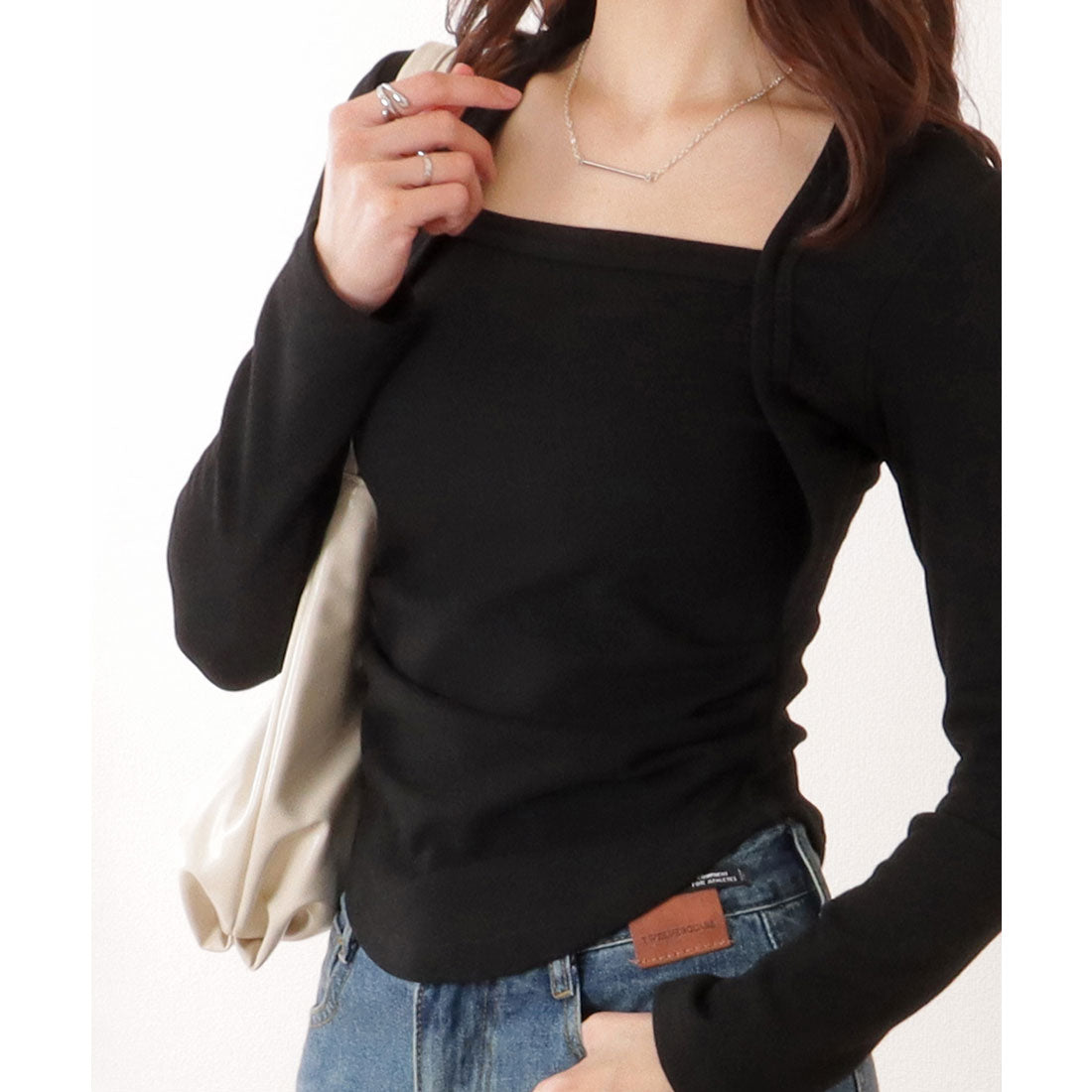 レースレディース Lace Ladies ソリッドカラー 裏起毛 スクエアネック スリム フィット カットソー （ブラック） ブラック