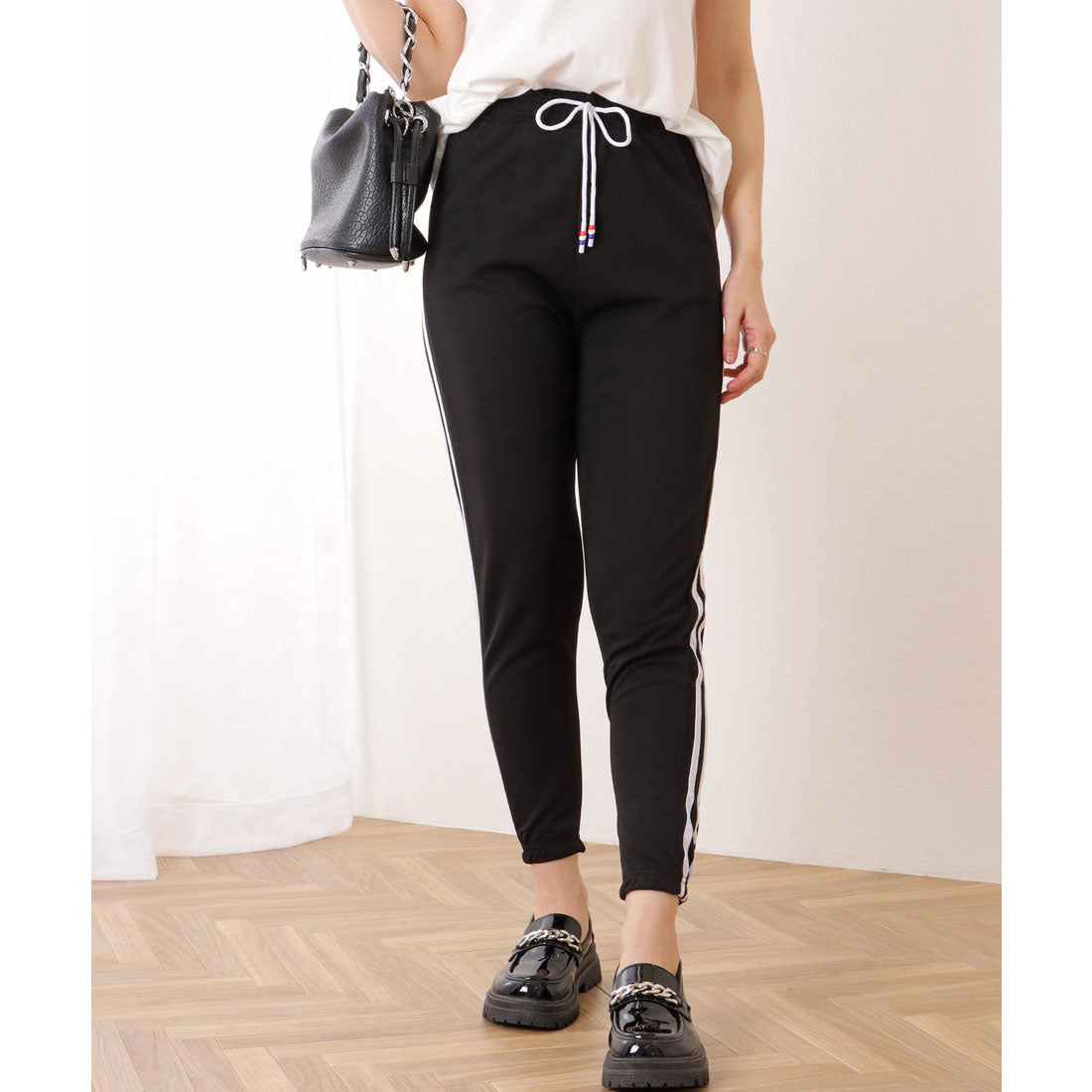 レースレディース Lace Ladies サイドライン 9分丈 イージー スポーツ パンツ （ブラック） ブラック