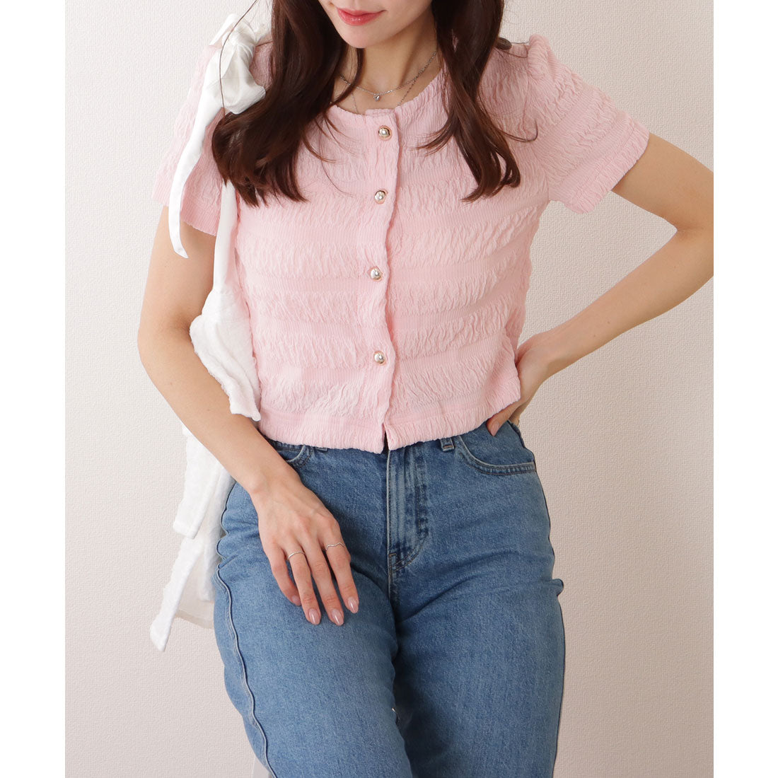 レースレディース Lace Ladies ぽこぽこ ボーダー ボタン付 半袖 クルーネック トップス （ピンク） ピンク