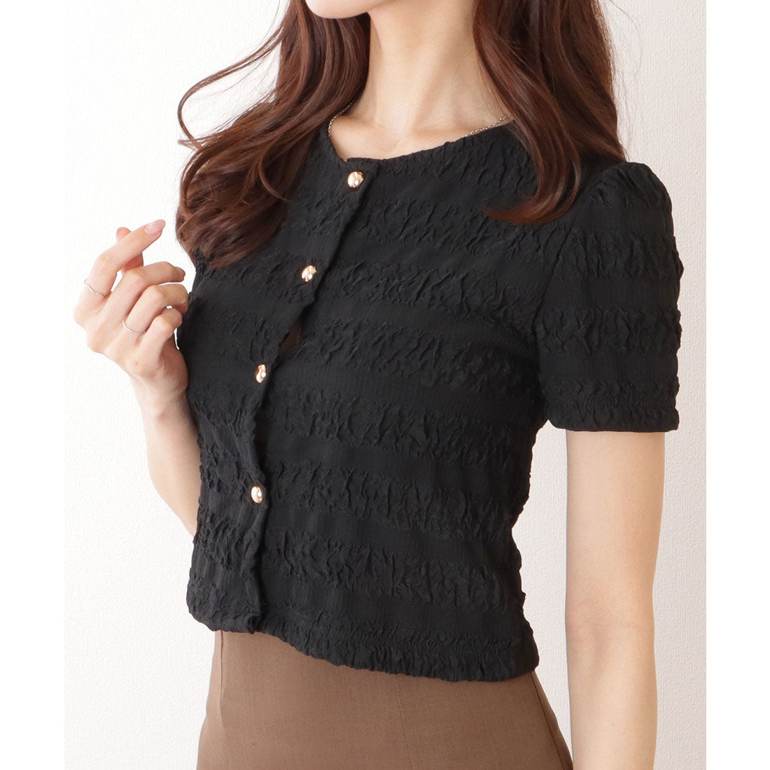 レースレディース Lace Ladies ぽこぽこ ボーダー ボタン付 半袖 クルーネック トップス （ブラック） ブラック