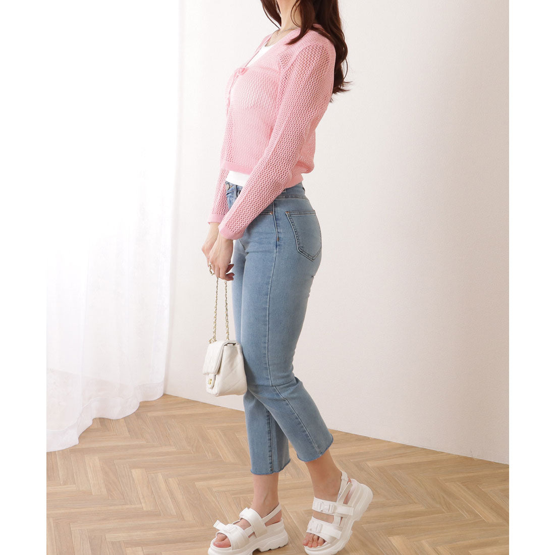 レースレディース Lace Ladies 透かし編み コンパクト ニット 長袖 カーディガン （ピンク） ピンク