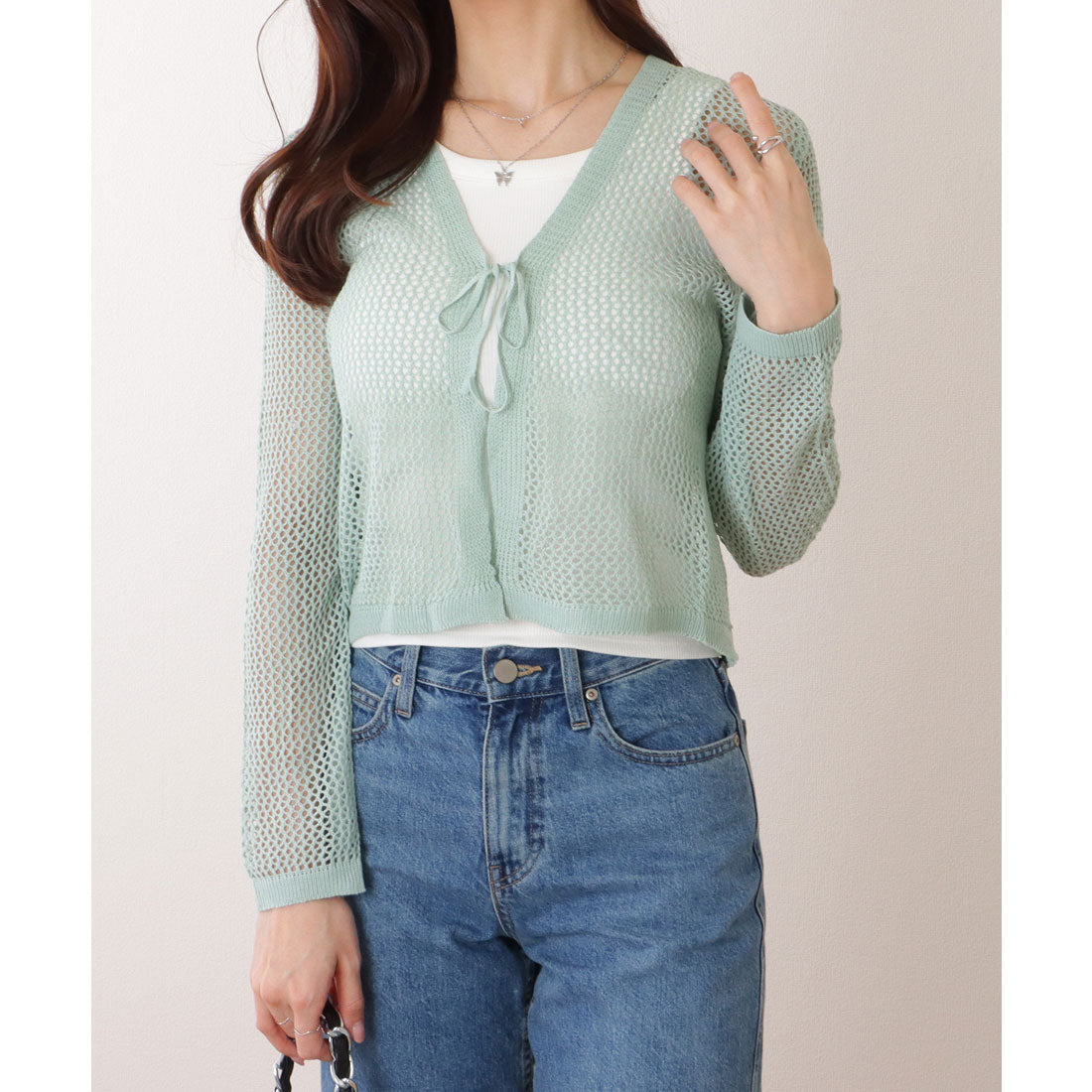 レースレディース Lace Ladies 透かし編み コンパクト ニット 長袖 カーディガン （ミント） ミント