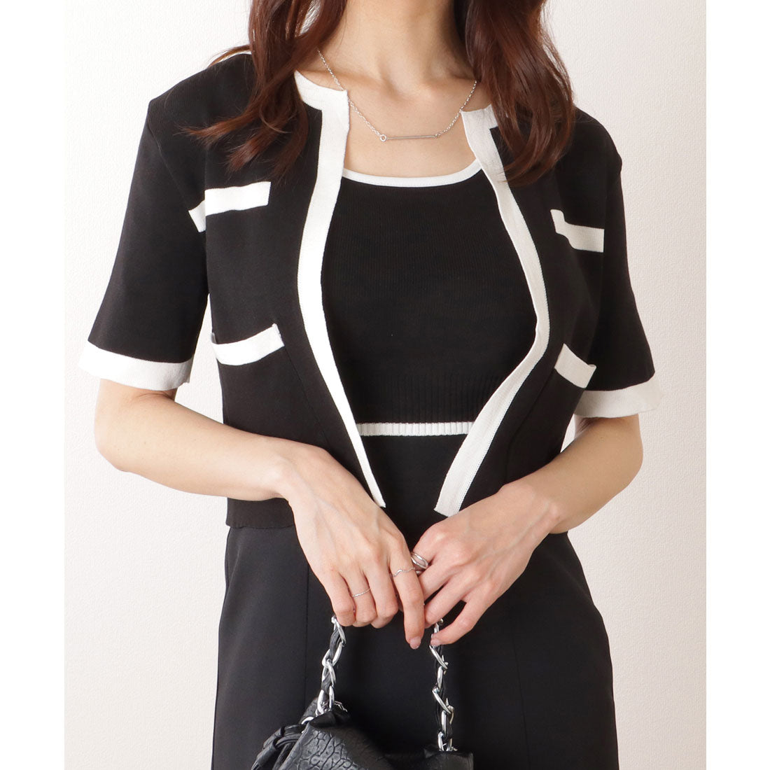 レースレディース Lace Ladies バイカラー クロップド 半袖 ニット セットアップ （ブラック） ブラック