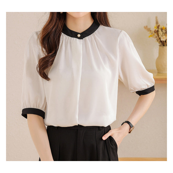 リリーオブバリー Lily of Valley バイカラー 半袖 シフォン ブラウス トップス きれいめ カジュアル 清楚 上品 事務服 （BR） BR