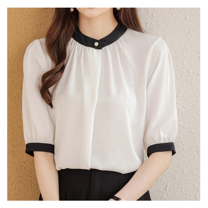 リリーオブバリー Lily of Valley バイカラー 半袖 シフォン ブラウス トップス きれいめ カジュアル 清楚 上品 事務服 （BR） BR