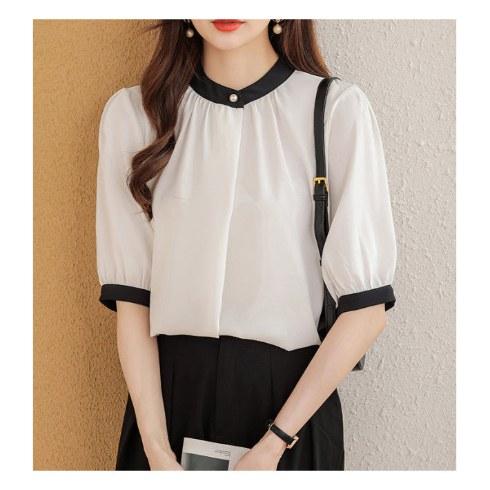 リリーオブバリー Lily of Valley バイカラー 半袖 シフォン ブラウス トップス きれいめ カジュアル 清楚 上品 事務服 （BR） BR