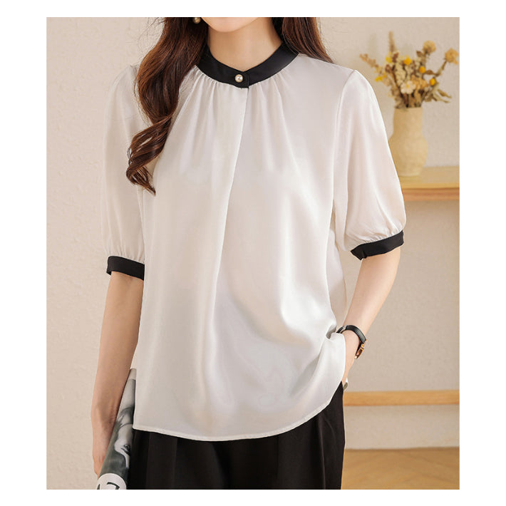 リリーオブバリー Lily of Valley バイカラー 半袖 シフォン ブラウス トップス きれいめ カジュアル 清楚 上品 事務服 （BR） BR