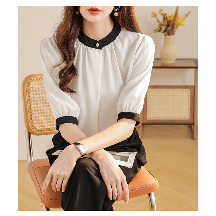 リリーオブバリー Lily of Valley バイカラー 半袖 シフォン ブラウス トップス きれいめ カジュアル 清楚 上品 事務服 （BR） BR