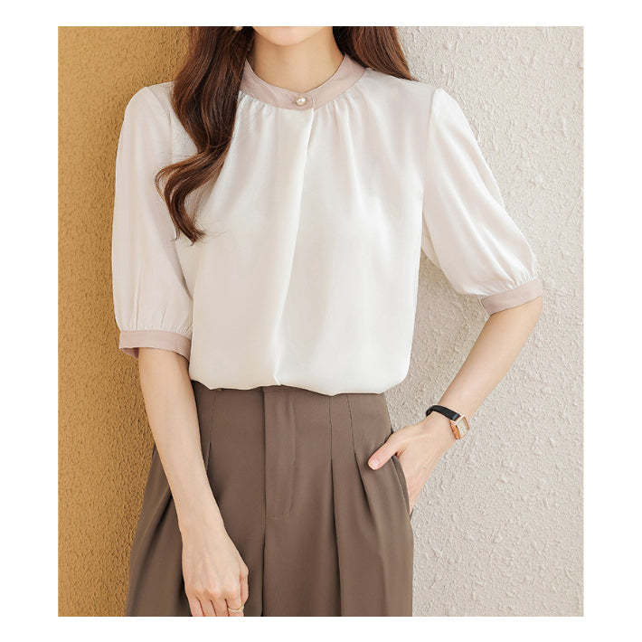 リリーオブバリー Lily of Valley バイカラー 半袖 シフォン ブラウス トップス きれいめ カジュアル 清楚 上品 事務服 （BR） BR
