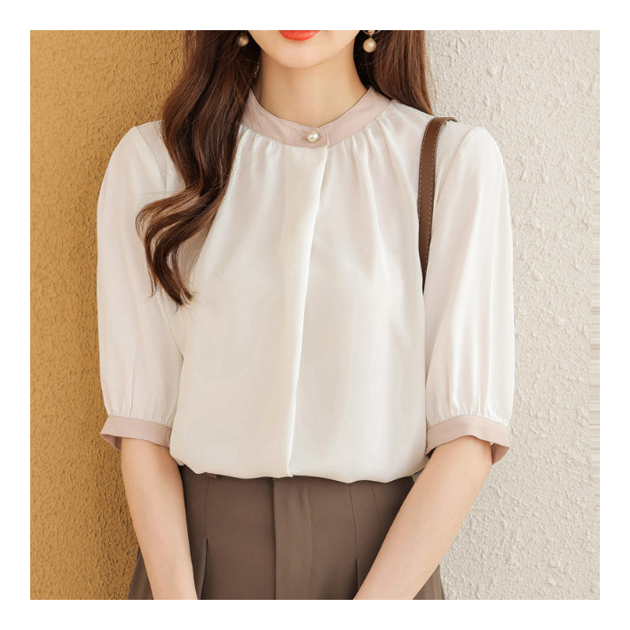 リリーオブバリー Lily of Valley バイカラー 半袖 シフォン ブラウス トップス きれいめ カジュアル 清楚 上品 事務服 （BR） BR