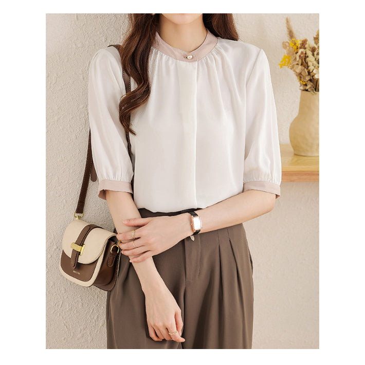 リリーオブバリー Lily of Valley バイカラー 半袖 シフォン ブラウス トップス きれいめ カジュアル 清楚 上品 事務服 （BR） BR