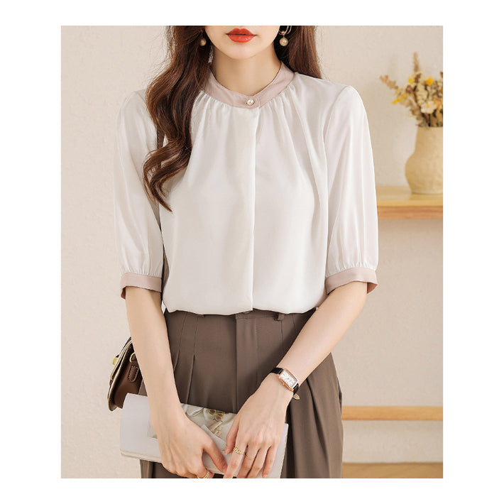 リリーオブバリー Lily of Valley バイカラー 半袖 シフォン ブラウス トップス きれいめ カジュアル 清楚 上品 事務服 （BR） BR