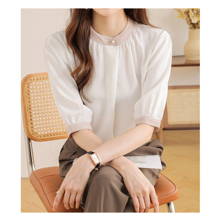 リリーオブバリー Lily of Valley バイカラー 半袖 シフォン ブラウス トップス きれいめ カジュアル 清楚 上品 事務服 （BR） BR