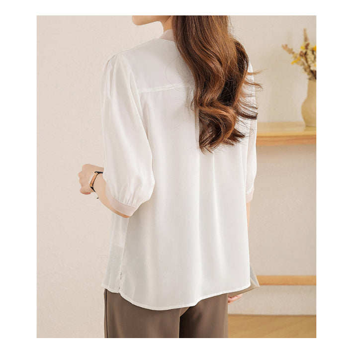 リリーオブバリー Lily of Valley バイカラー 半袖 シフォン ブラウス トップス きれいめ カジュアル 清楚 上品 事務服 （BR） BR
