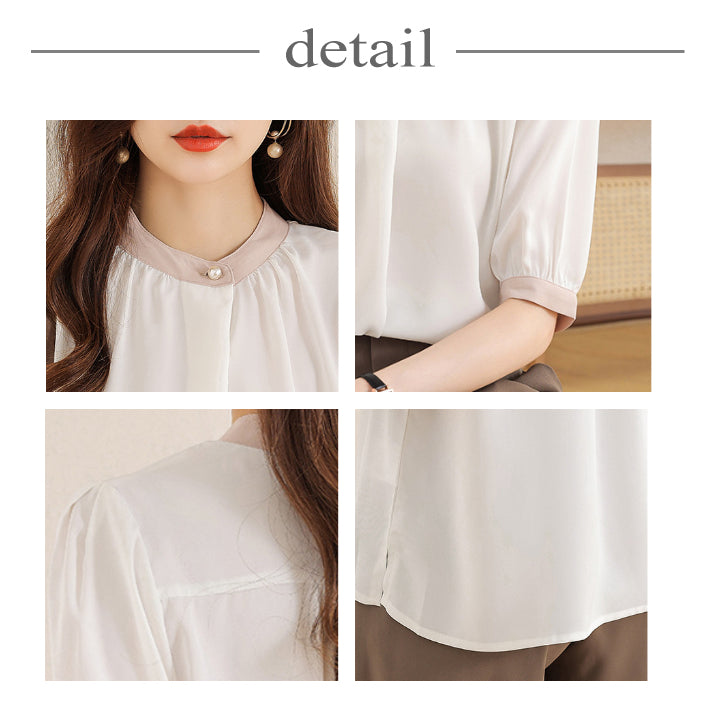 リリーオブバリー Lily of Valley バイカラー 半袖 シフォン ブラウス トップス きれいめ カジュアル 清楚 上品 事務服 （BR） BR