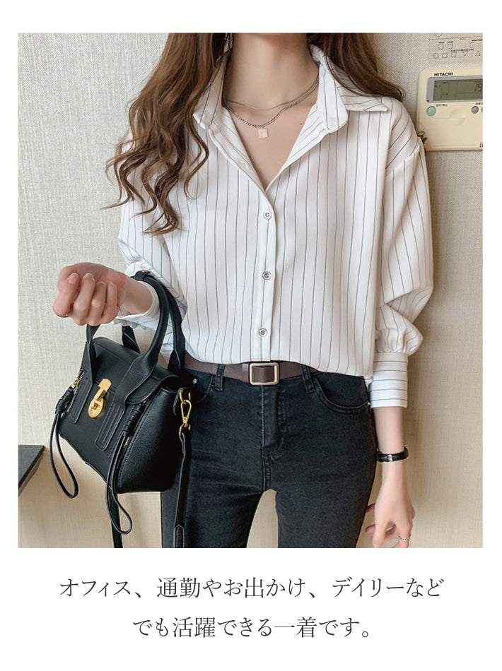 リリーオブバリー Lily of Valley 八分袖 ストライプ シャツ 長袖 トップス カジュアル 上品 事務服 オフィス 襟付き （WT） WT