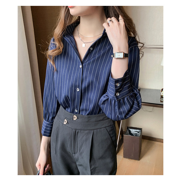リリーオブバリー Lily of Valley 八分袖 ストライプ シャツ 長袖 トップス カジュアル 上品 事務服 オフィス 襟付き （WT） WT