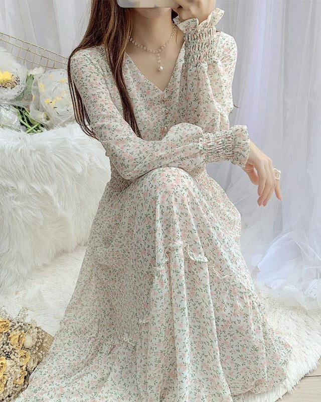 リリーオブバリー Lily of Valley 小花柄 長袖 ロング ワンピース シフォン Vネック カジュアル 上品 フェミニン きれいめ （1） 1