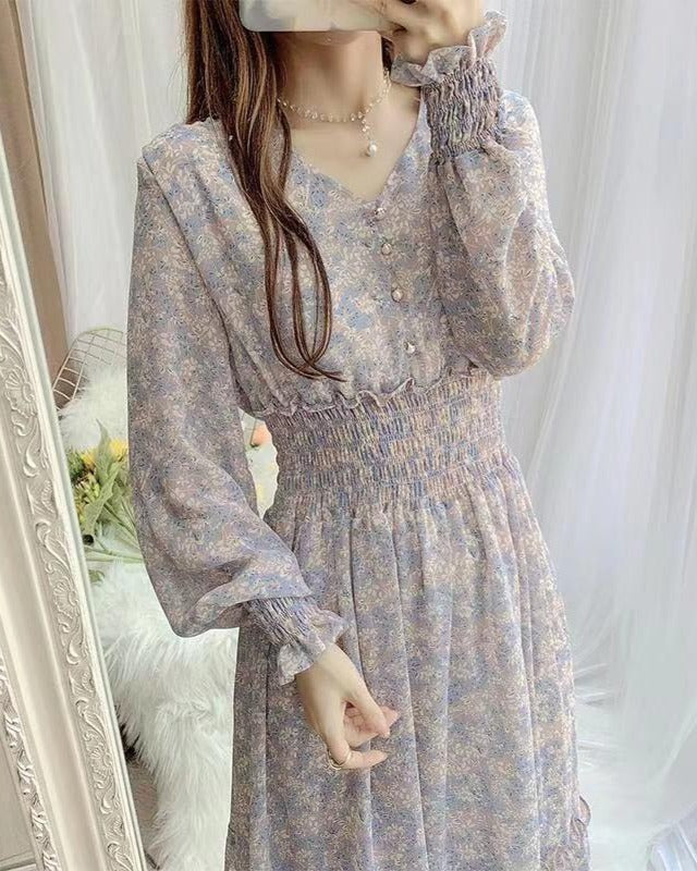 リリーオブバリー Lily of Valley 小花柄 長袖 ロング ワンピース シフォン Vネック カジュアル 上品 フェミニン きれいめ （1） 1