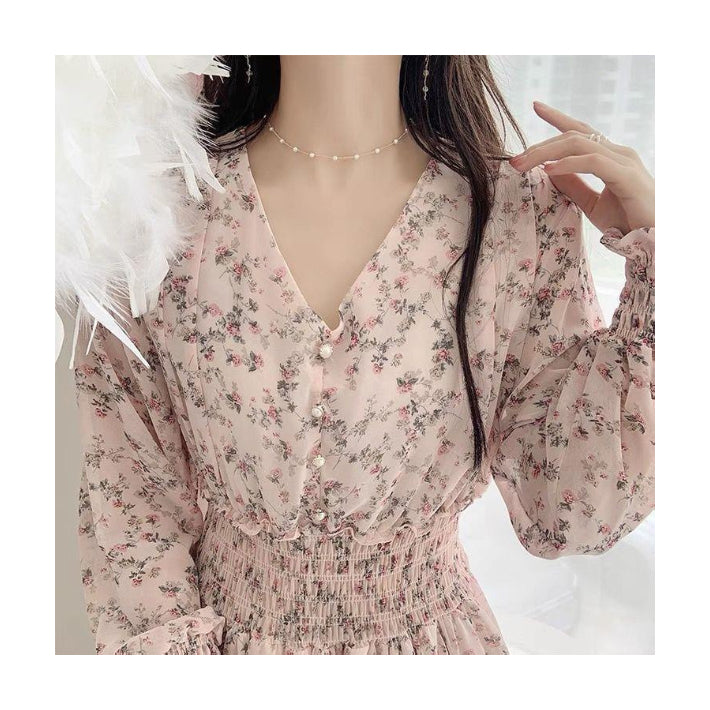 リリーオブバリー Lily of Valley 小花柄 長袖 ロング ワンピース シフォン Vネック カジュアル 上品 フェミニン きれいめ （1） 1
