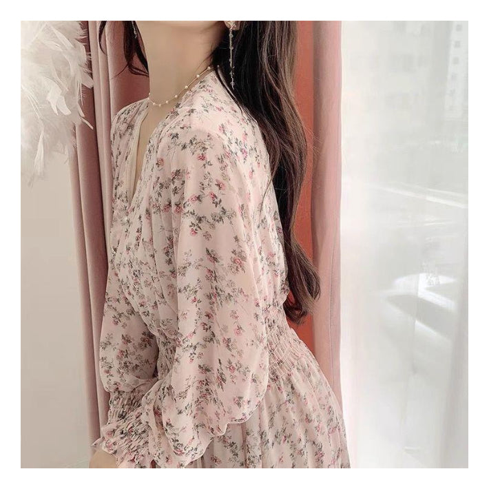リリーオブバリー Lily of Valley 小花柄 長袖 ロング ワンピース シフォン Vネック カジュアル 上品 フェミニン きれいめ （1） 1