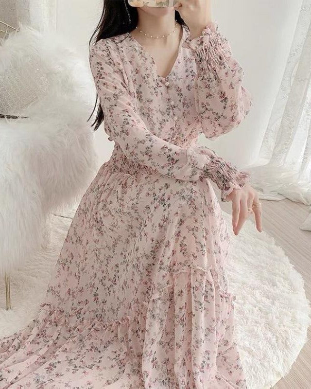 リリーオブバリー Lily of Valley 小花柄 長袖 ロング ワンピース シフォン Vネック カジュアル 上品 フェミニン きれいめ （1） 1