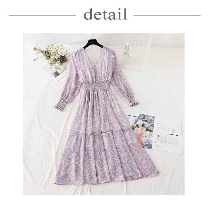 リリーオブバリー Lily of Valley 小花柄 長袖 ロング ワンピース シフォン Vネック カジュアル 上品 フェミニン きれいめ （1） 1