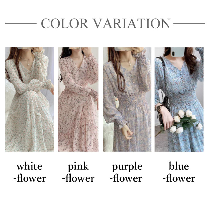リリーオブバリー Lily of Valley 小花柄 長袖 ロング ワンピース シフォン Vネック カジュアル 上品 フェミニン きれいめ （1） 1