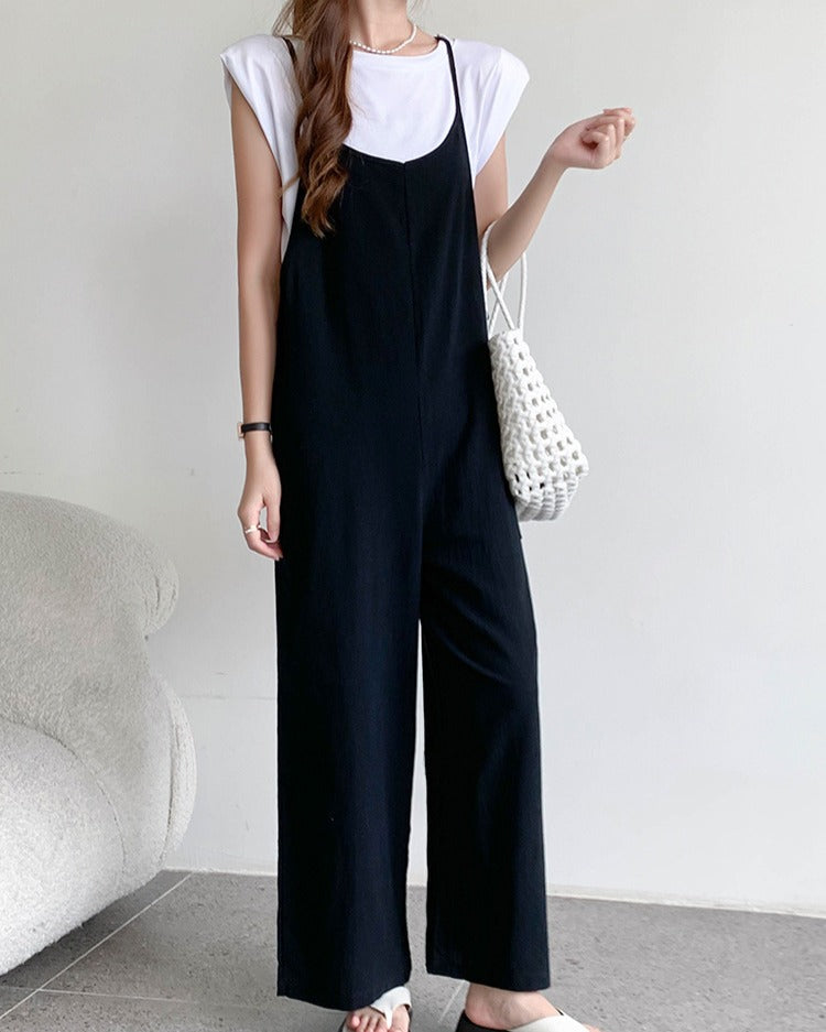 リリーオブバリー Lily of Valley カジュアル オールインワン リネン ロング キャミソール ゆったり フレア 上品 ワイド （BK） BK