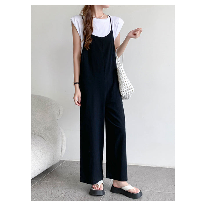 リリーオブバリー Lily of Valley カジュアル オールインワン リネン ロング キャミソール ゆったり フレア 上品 ワイド （BK） BK