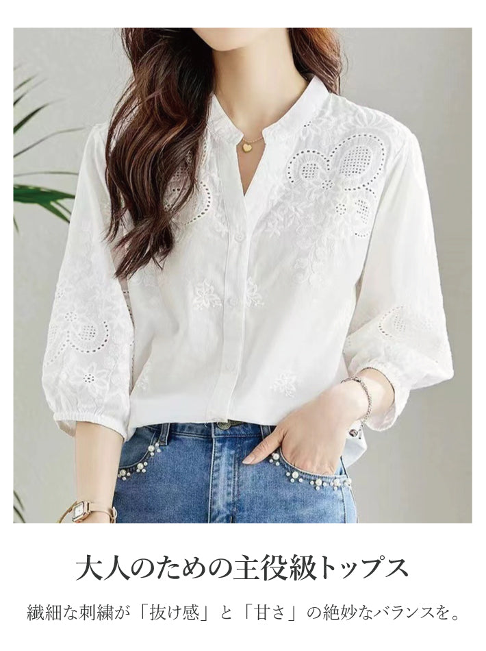 リリーオブバリー Lily of Valley パッチワークレース スキッパー シャツ 七分袖 トップス カジュアル レース 刺繍 襟無し （WT） WT