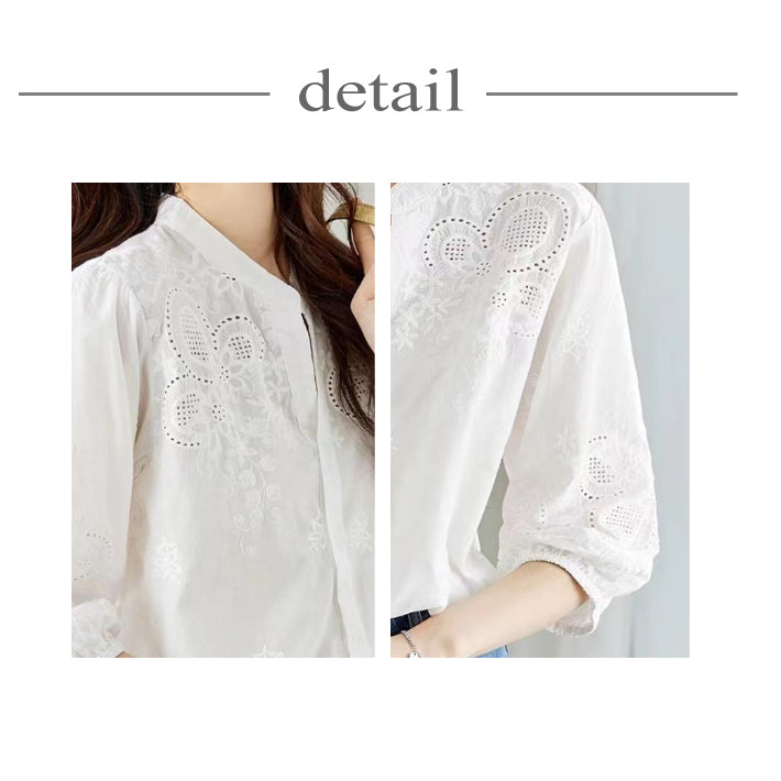 リリーオブバリー Lily of Valley パッチワークレース スキッパー シャツ 七分袖 トップス カジュアル レース 刺繍 襟無し （WT） WT