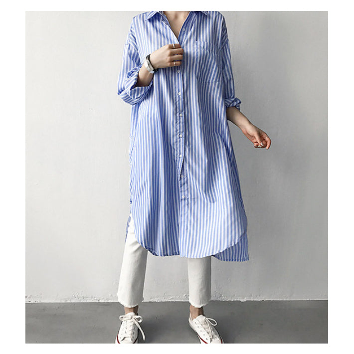 リリーオブバリー Lily of Valley ストライプ ロング シャツ ワンピース 長袖 膝下 カジュアル 上品 ゆったり きれいめ （1） 1