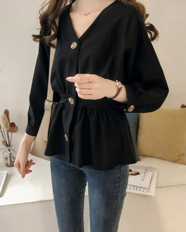 リリーオブバリー Lily of Valley ウエストゴム ペプラム チュニック 長袖 Vネック きれいめ カジュアル 清楚 上品 韓国 （BK） BK