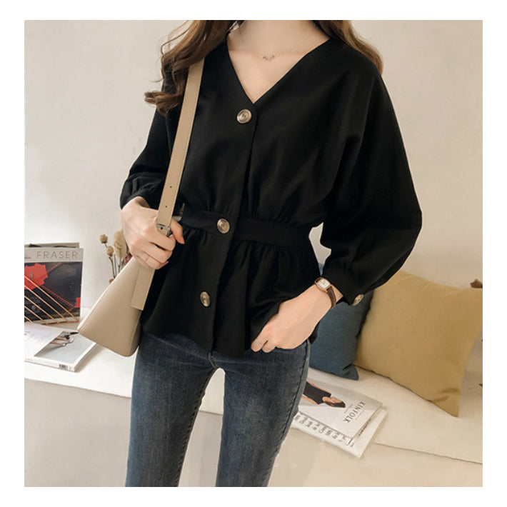 リリーオブバリー Lily of Valley ウエストゴム ペプラム チュニック 長袖 Vネック きれいめ カジュアル 清楚 上品 韓国 （BK） BK