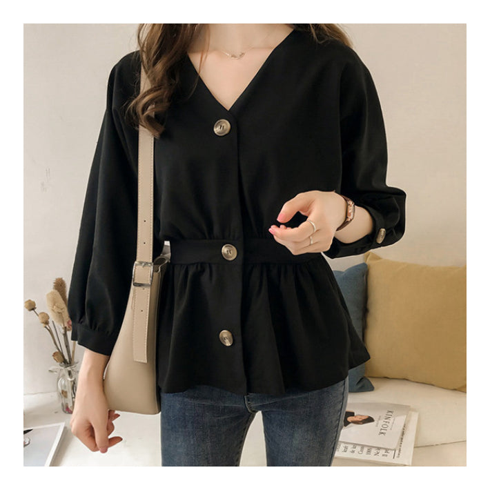 リリーオブバリー Lily of Valley ウエストゴム ペプラム チュニック 長袖 Vネック きれいめ カジュアル 清楚 上品 韓国 （BK） BK