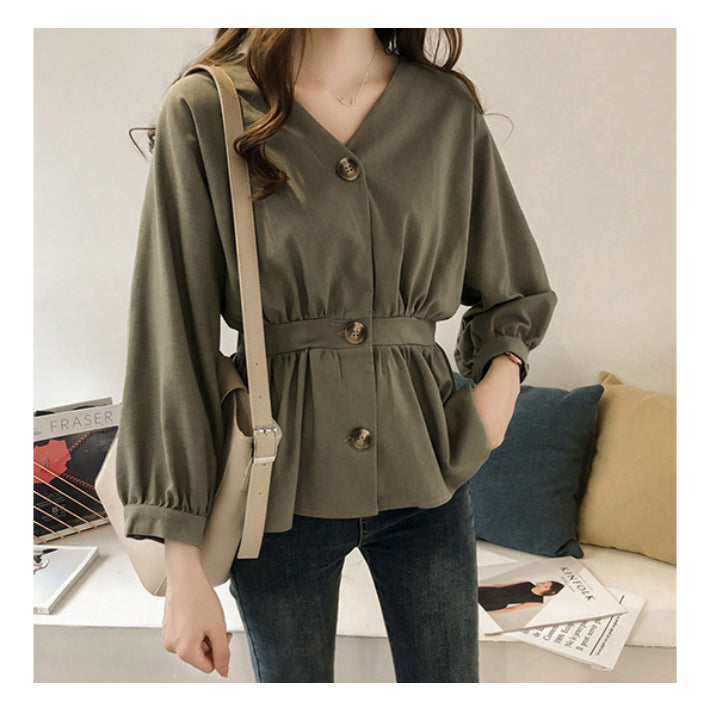 リリーオブバリー Lily of Valley ウエストゴム ペプラム チュニック 長袖 Vネック きれいめ カジュアル 清楚 上品 韓国 （BK） BK