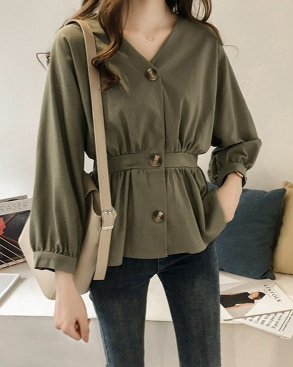 リリーオブバリー Lily of Valley ウエストゴム ペプラム チュニック 長袖 Vネック きれいめ カジュアル 清楚 上品 韓国 （BK） BK