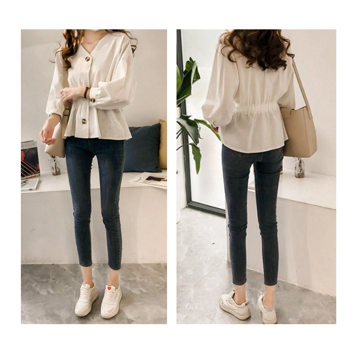 リリーオブバリー Lily of Valley ウエストゴム ペプラム チュニック 長袖 Vネック きれいめ カジュアル 清楚 上品 韓国 （BK） BK